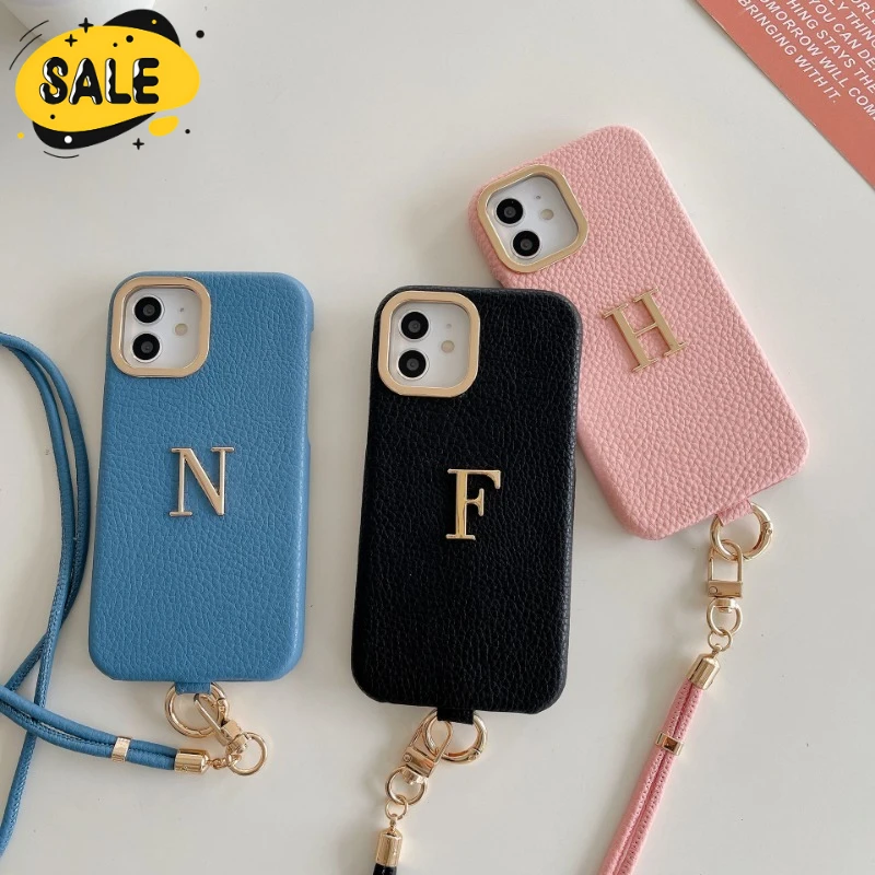 

Gold Initials Custom Name Leather Phone Case for Iphone 13 12 11 Pro Max Simple Design Lanyard Anti-drop Protector Cover