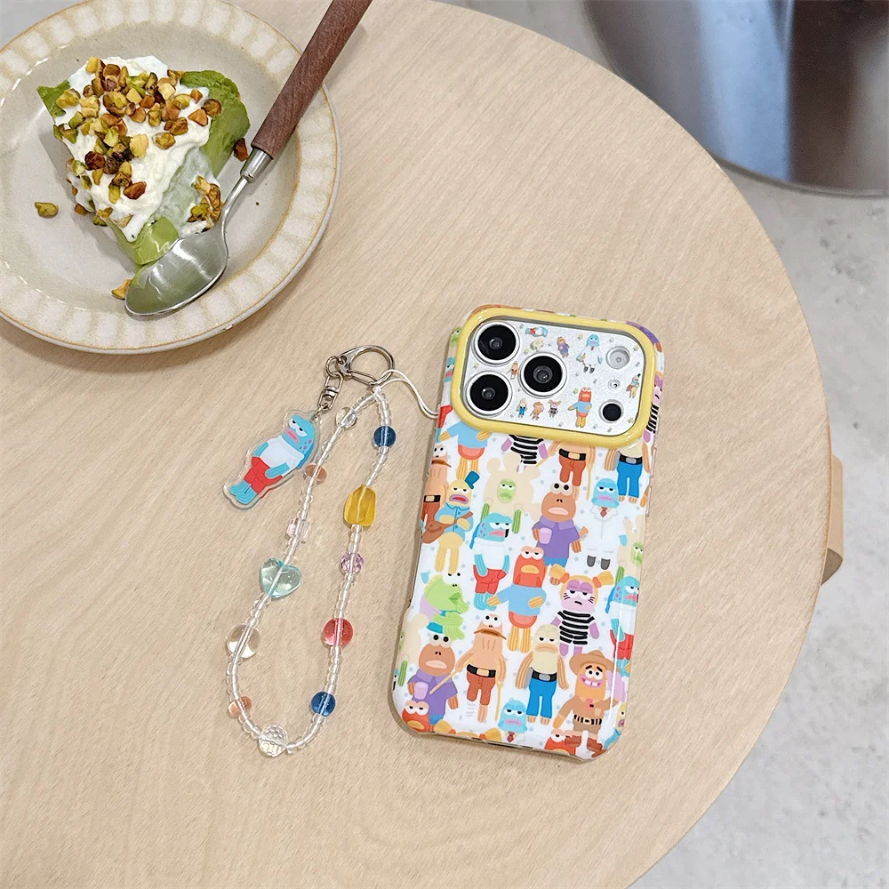 Cute Colorful Cartoon Monster Phone Case For iPhone 15 16 17 Pro Max Cover With Beaded Hand Chain Shockproof Protective Shell