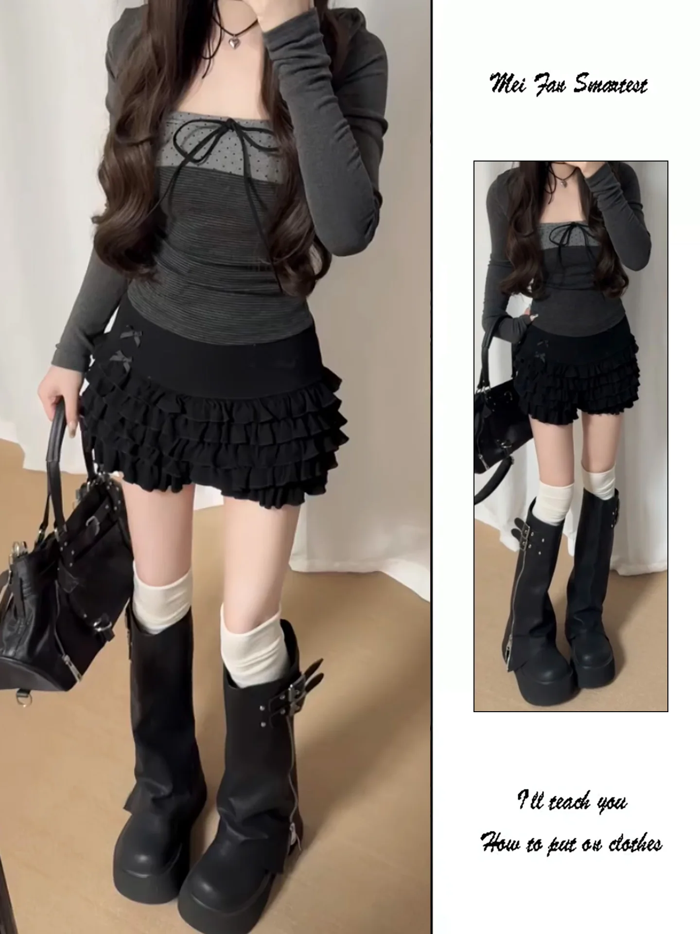 High Waist Black Puffy Half-length Skirt for Women Spring Autumn Pure Desire Design Sense Wood Ear  Knot Cake Skirt