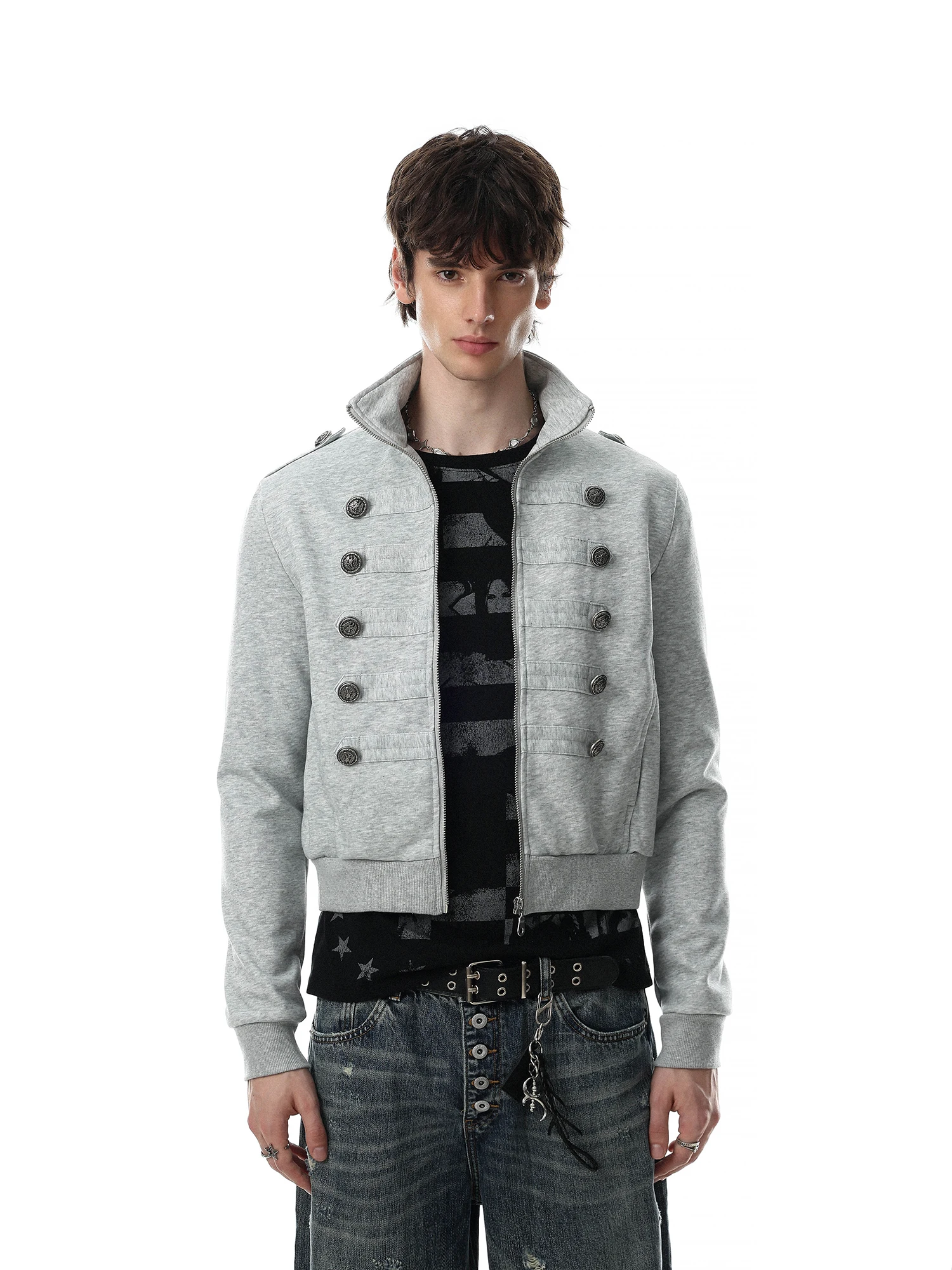 MR NEARLY American Retro Zipper Collar Sweatshirt Men's Trendy Design Short Double Buttoned Cardigan Casual Long Sleeve Jacket