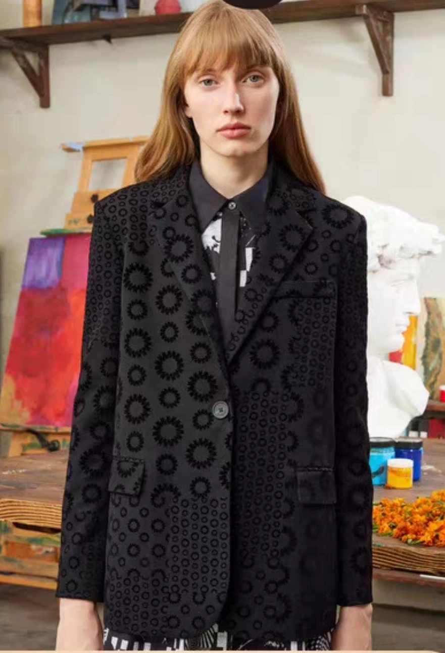 Foreign trade original single Spanish print black flocking two-button suit jacket