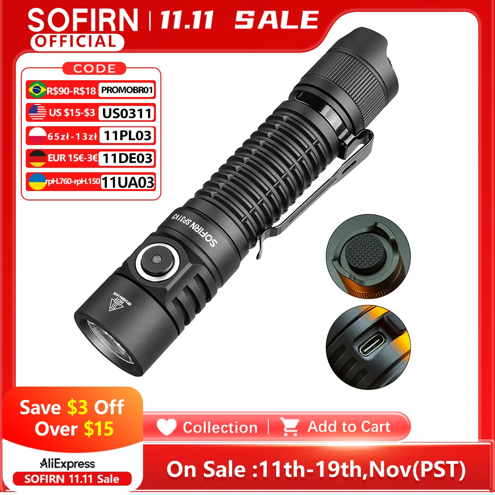

Sofirn SP31 V3.0 Powerful Tactical Flashlight SST40/519A 2000lm 18650 LED Torch USB C Rechargeable Light Lamp with Dual Switch