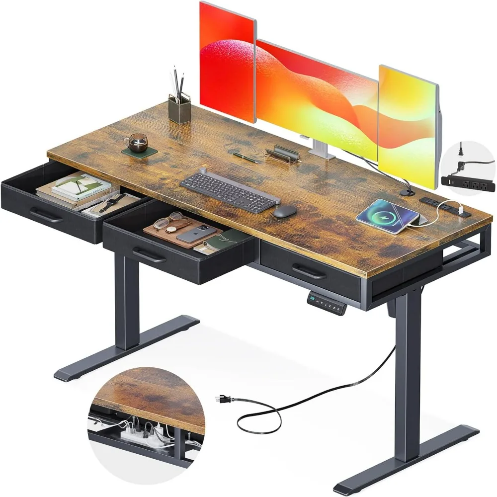 

Electric Standing Desk with Drawers, Height Adjustable Desk with Power Outlets & LED Lights, Stand Up Desk with 3 Drawers