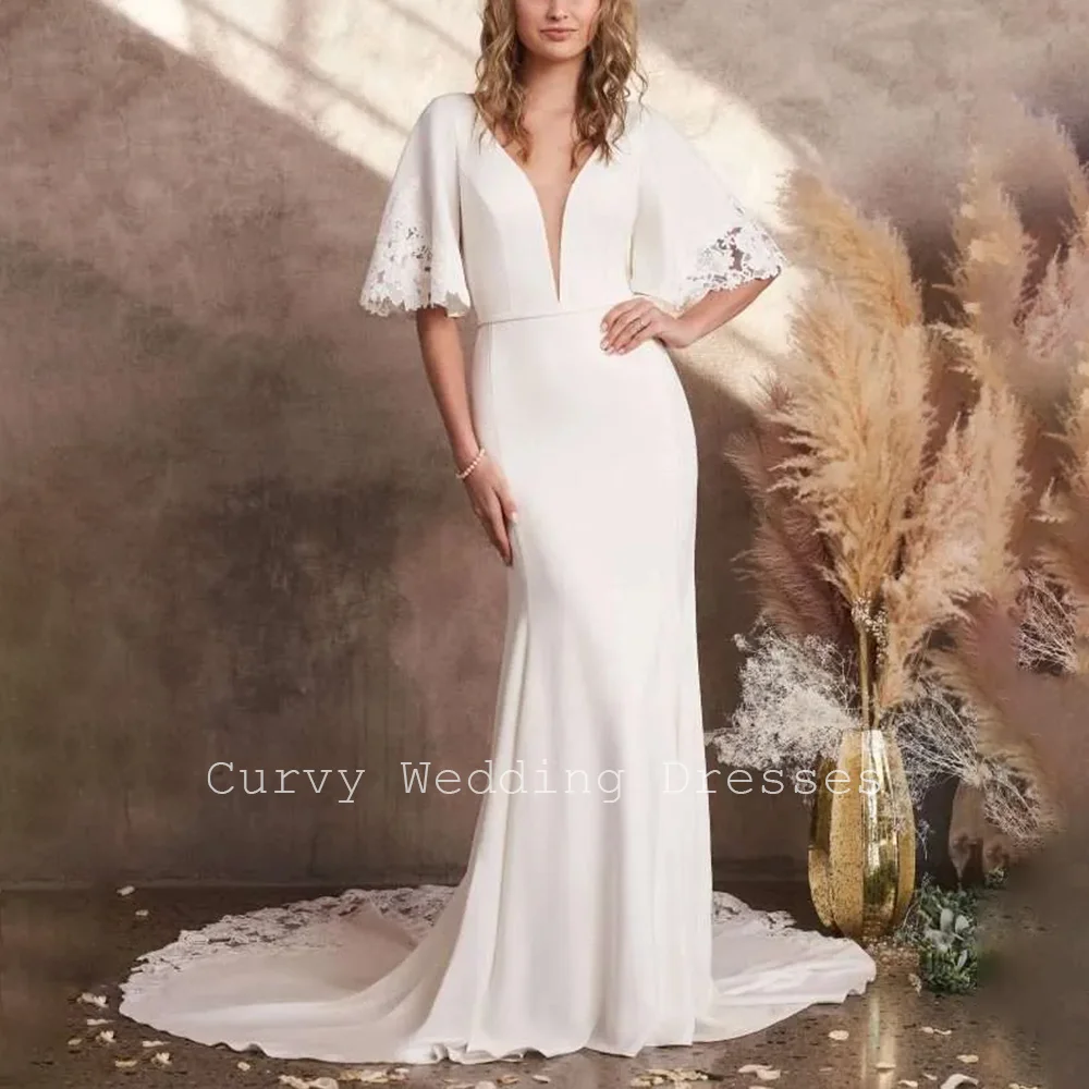 Curvy Boho Minimalist V-Neck Lace Sleeve Satin Backless Mermaid Wedding Gowns with Lace Trim Train for Women Bridal Customized