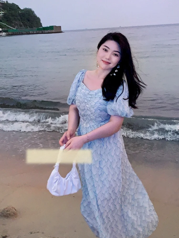 

Blue Floral Print Chiffon Maxi Dr Spring Summer A-Line High Waist Commute Sle plus Size Women's Dr Q763