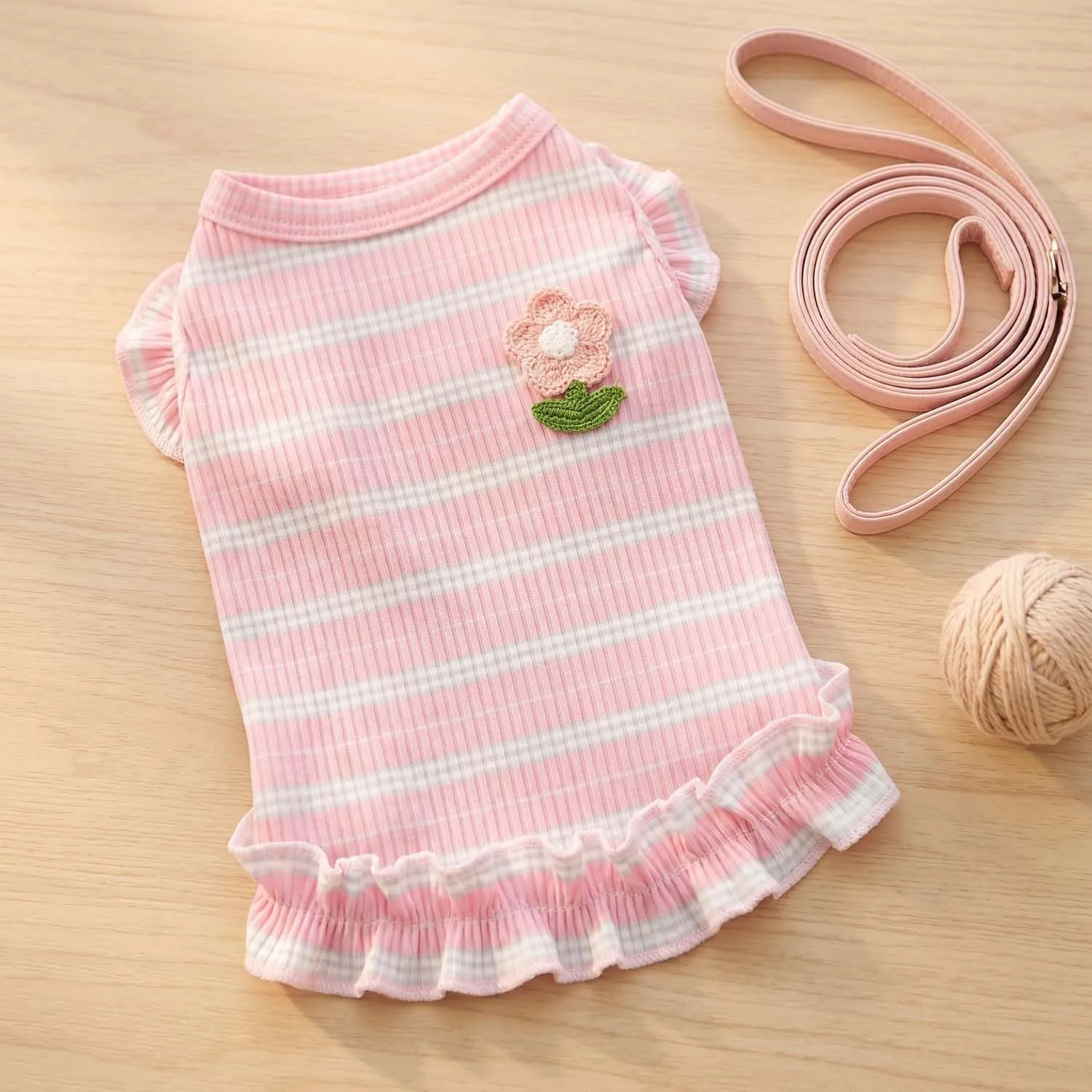 1PC Cute Ruffled Striped Summer Dog Tank Top Breathable Ribbed Knit Puppy Vest Sweet Frilly Pet Clothes for Small Dogs Outdoor
