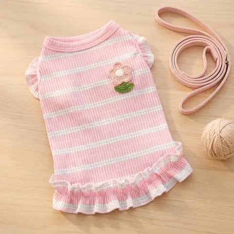 1PC Cute Ruffled Striped Summer Dog Tank Top Breathable Ribbed Knit Puppy Vest Sweet Frilly Pet Clothes for Small Dogs Outdoor