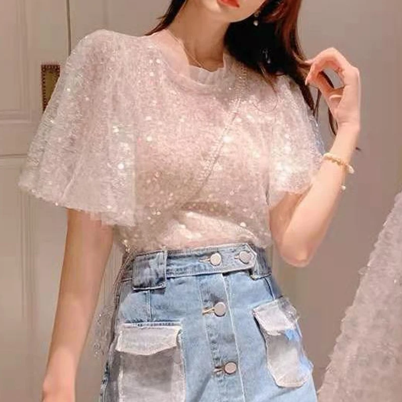 2023 Summer New Solid Color Round Neck Puff Sleeve T-shirt Women Fashion Sequined Lace Tees Korean Style Casual Temperament Tops