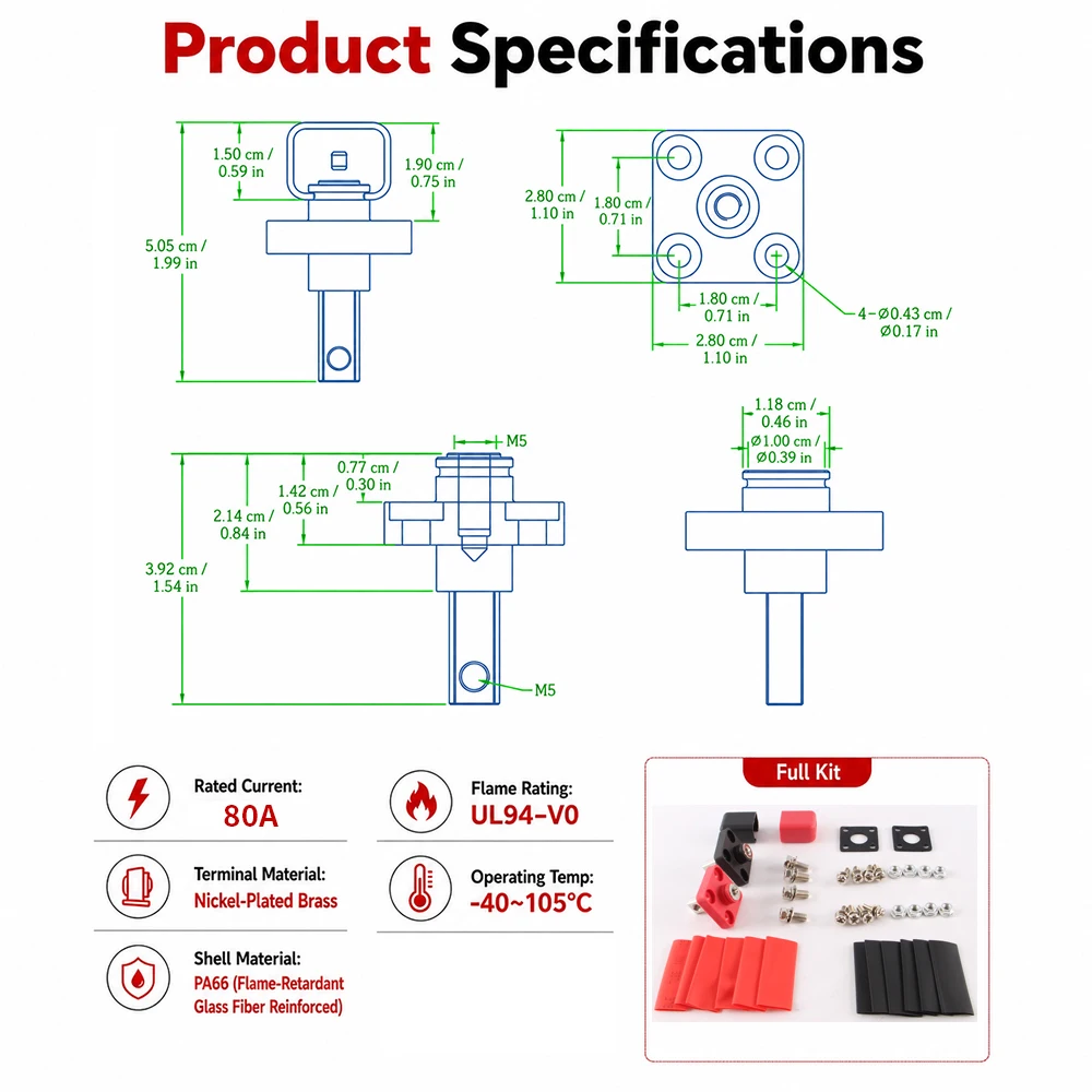 1 Paar 50A 80A 100A 120A 150A 200A Quadratische Vollkupfer-Hochstrom-Lithium-Energiespeicher-Steckverbinder für Wandmontage-Batterieanschlüsse – Detail 6