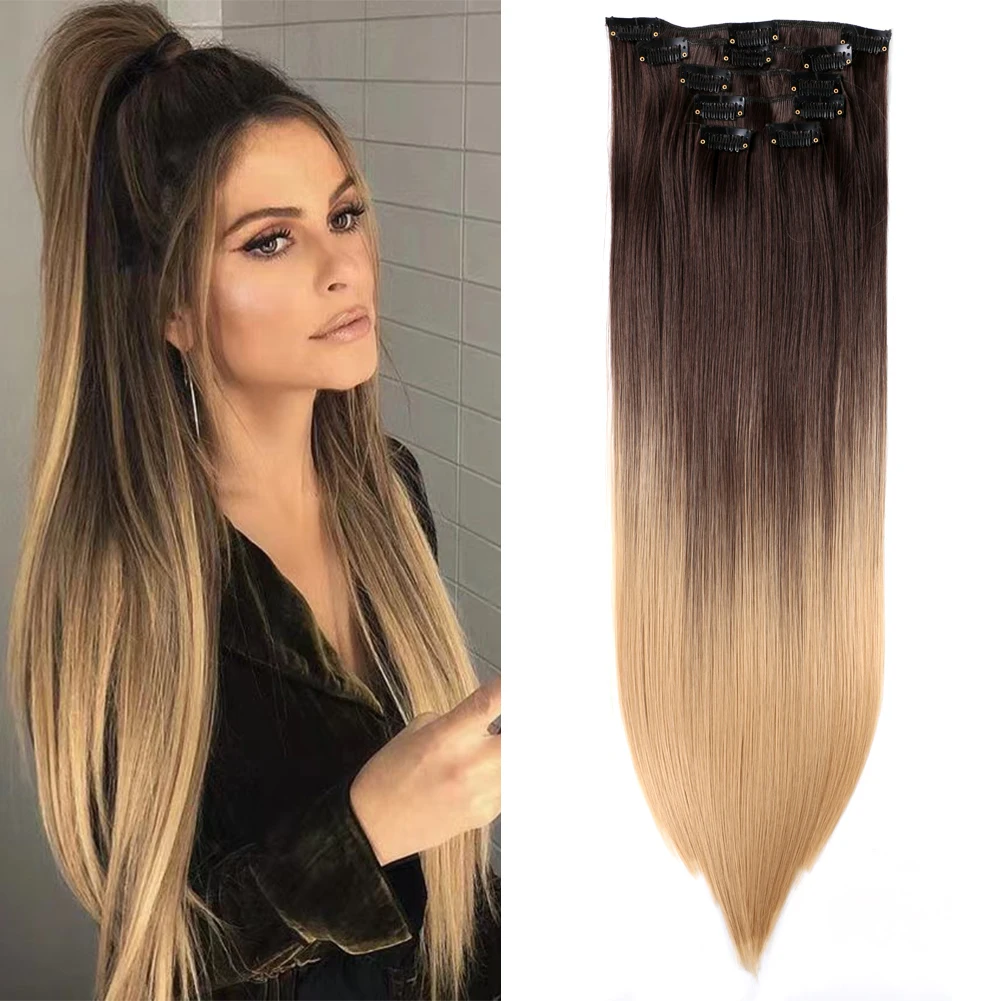 Belle Show Clip In Hair Extensions 6Pcs/Set Straight Hairpiece Heat Resistant Fiber Thick Hairpieces For Women