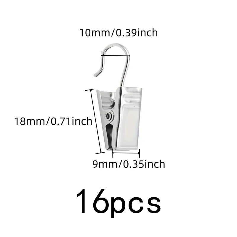 16 pcs Open Curtain Hooks, Strong Secure Grip, Balcony Door Drapery Bathroom Shower Curtain, Silver Open-End Design