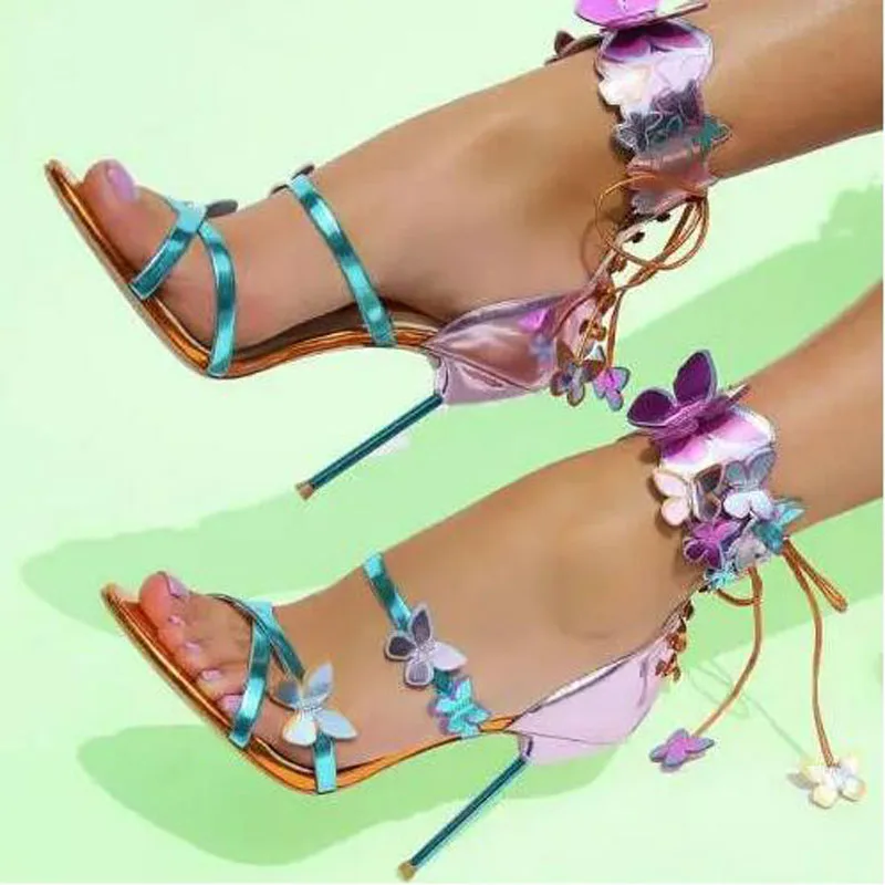 

Glitter Purple Leather Stereo Butterfly Stiletto Heel Sandals Open toe Women Summer Cross Strappy Lace Up Shoes Bufferfly Pumps