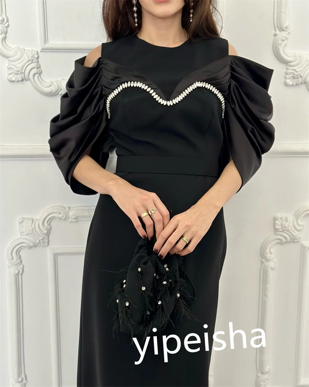 Simple Sizes Available Jewel A-line Anke Length Evening Dresses Formal Ocassion Gown Rhinestone Satin robe femme soirée 롱원피스