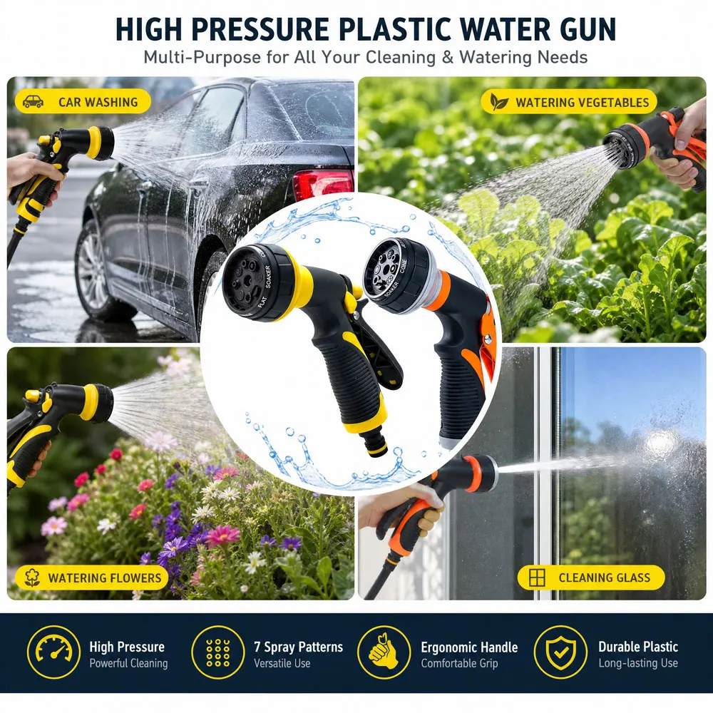 High Pressure Car Wash Water Gun Garden Hose Nozzle with 8 Adjustable Spray Patterns for Car Watering Plants Lawns Washing Pets