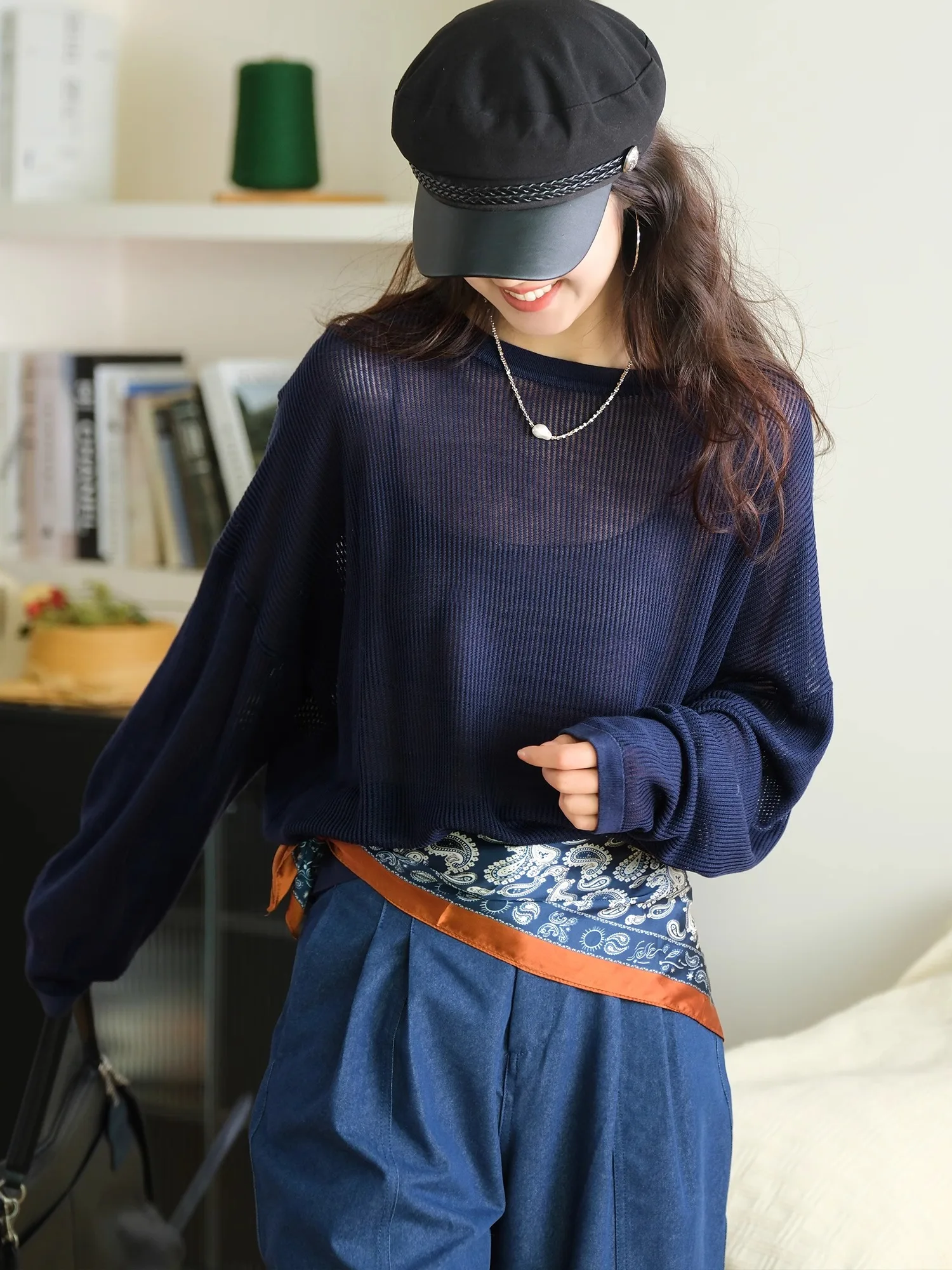 

Loose Fit round Ne Sun Protection irt Thin Knitted T-irt Lazy Sle Air Conditioner irt Aosphere Feeling Levison Kn...