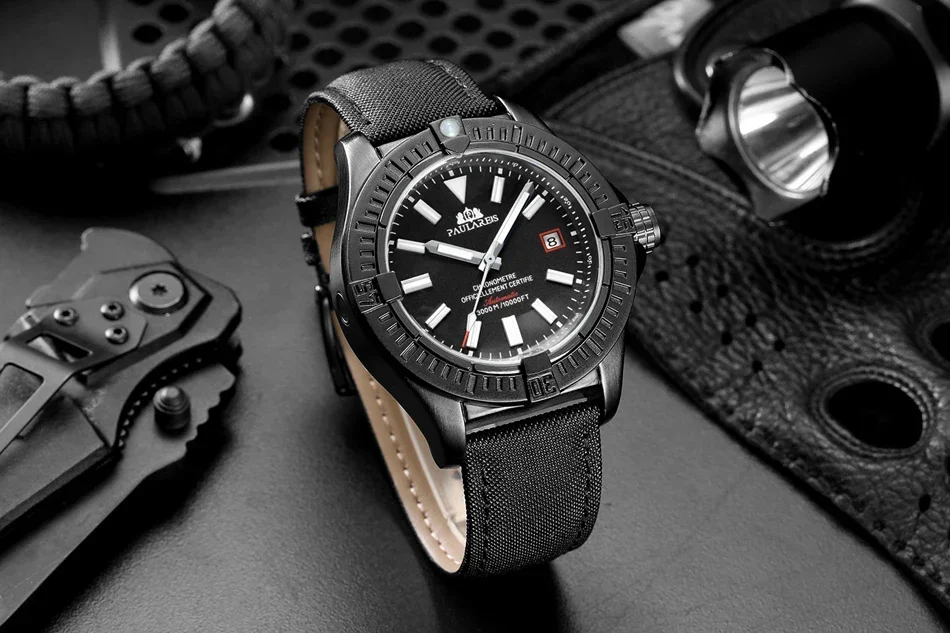 Men Automatic Self Wind Mechanical Black Bird Canvas Style Genuine Black Blue Leather Date Luminous Luxury Watch