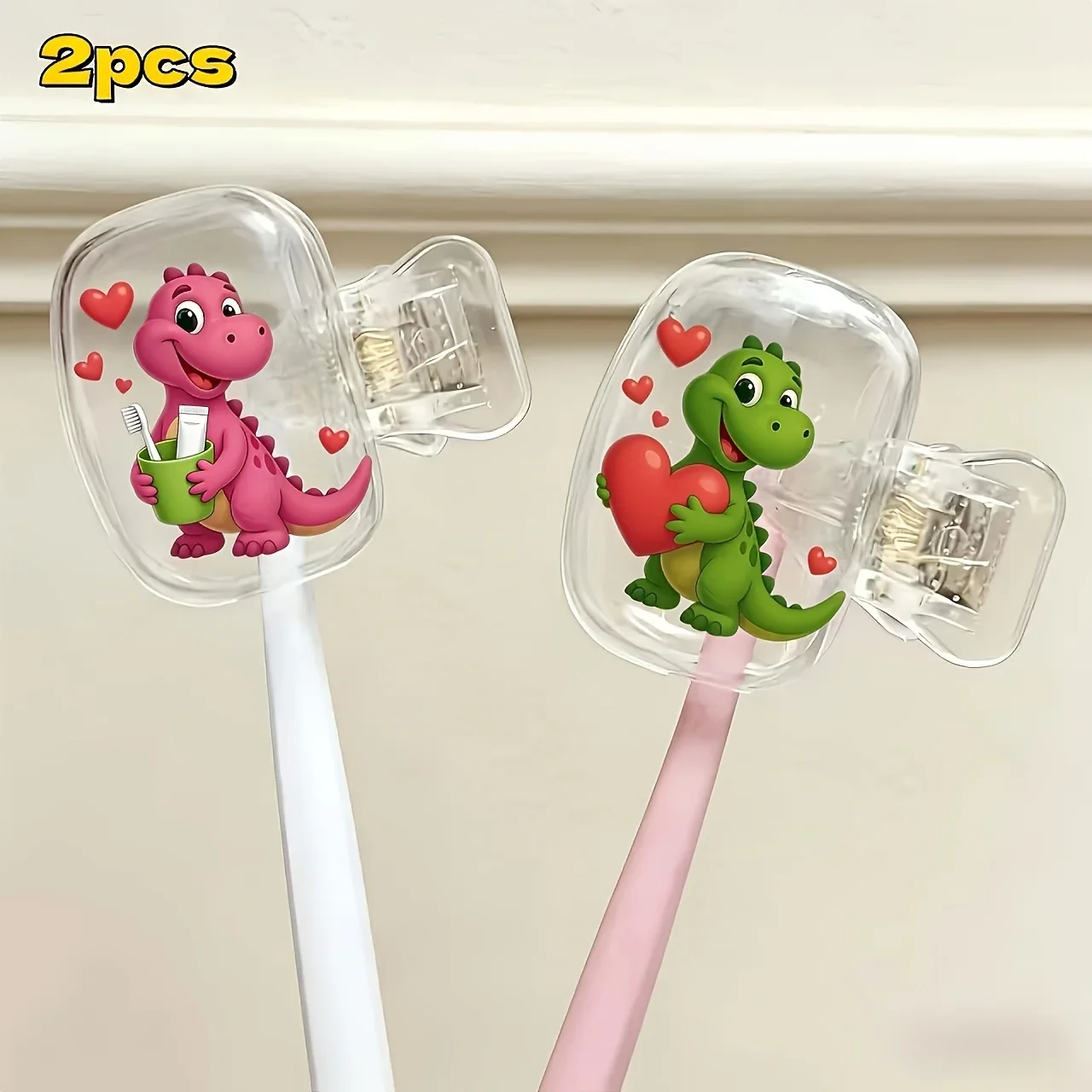 2pcs Dinosaur Holding a Toothbrush Cup and Heart Toothbrush Head Cover Ideal for Home and Travel Use Convenient for Daily Use