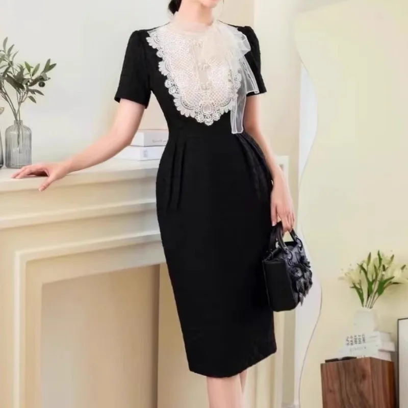 Vintage Black Women Dress Bodycon Elegant Short Sleeve Lace Patchwork Women's Clothing Runway Design Evening Party Vestidos