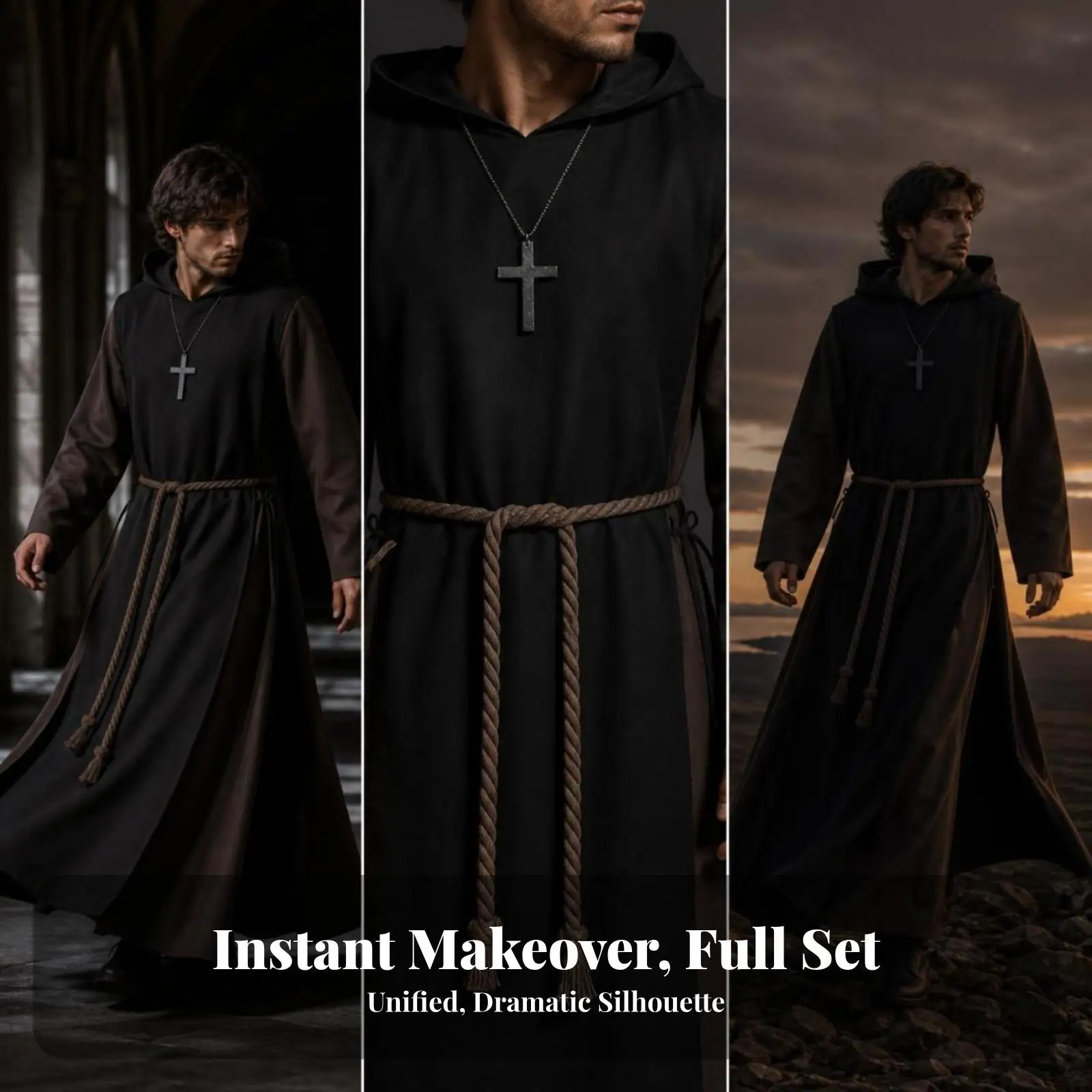 Monk Inspired Halloween Robe with Braided Rope Belt and Cross Jewelry for Historic Reenactment