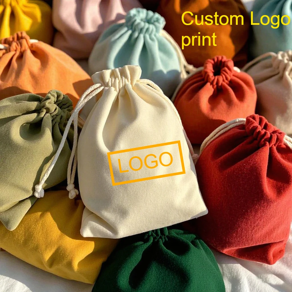 20pcs/lot Custom Logo Print Velvet Drawstring Pouch Soft Velvet Jewelry Storage Bag Pull‑String Cloth Jewelry Gift Packaging Bag