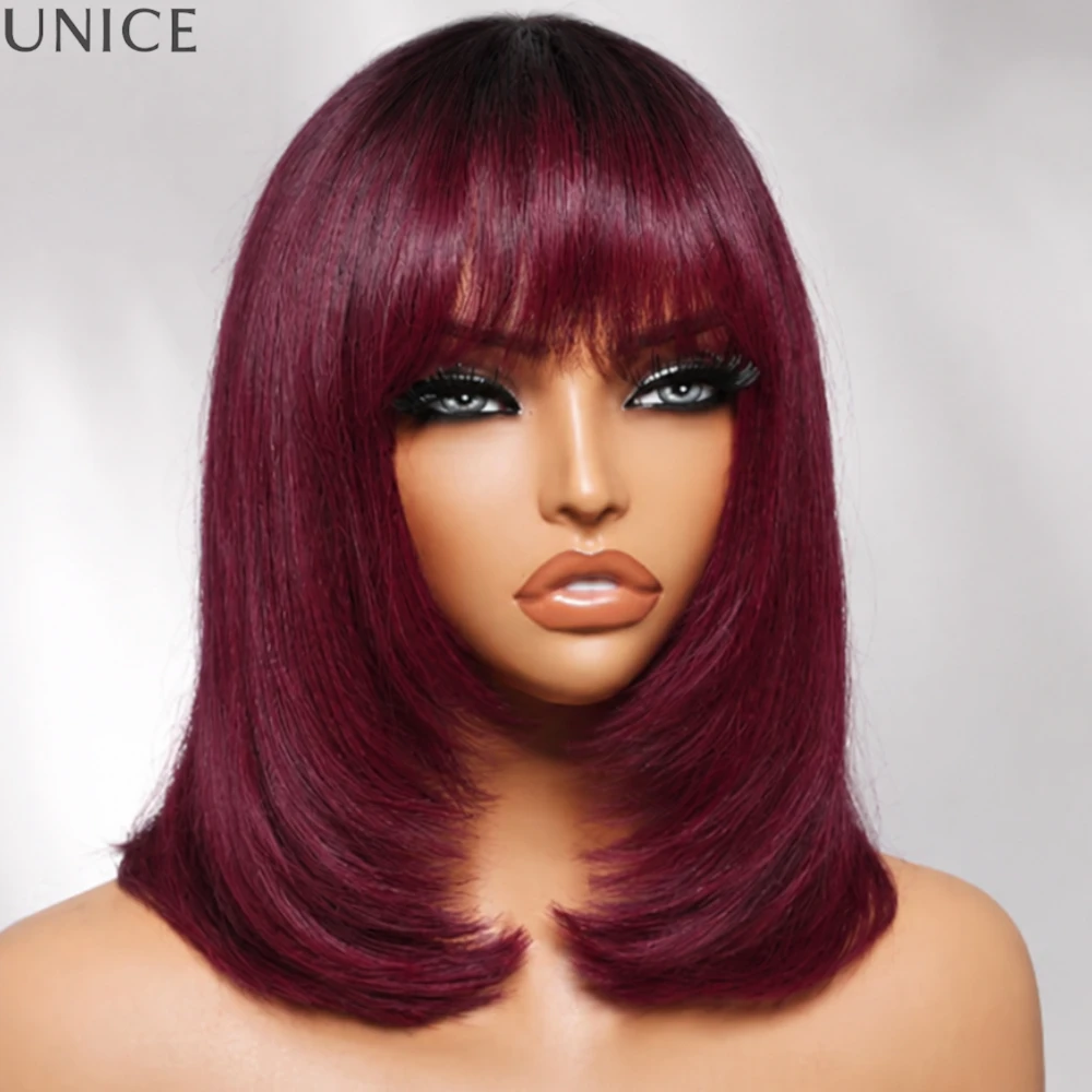 UNICE Layred Cut Burgundy Straight Bob Wig With Dark Roots 100% Human Hair Full Machine Made Glueless Wig 150%Density