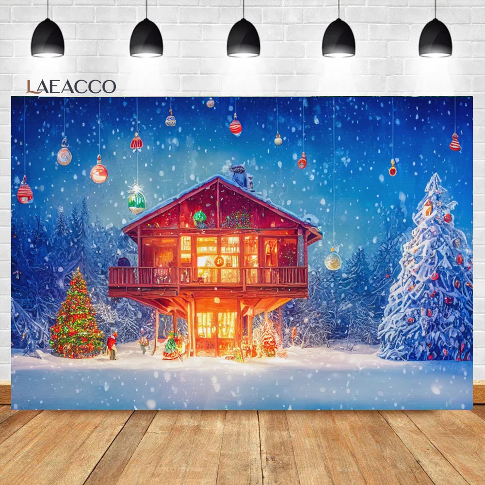 Laeacco Winter Snow Backdrop Wooden House Outdoors Natural Mountains Scene Kid Adult Christmas Portrait Photography Background