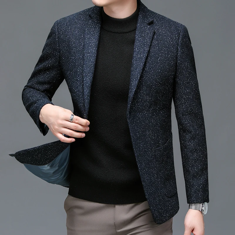 2024 Classical Men Navy Blue Tweed Wool Blazers Sheep Woolen Suit Jackets Gentlemen Fashion Outfits for Business and Casual Wear