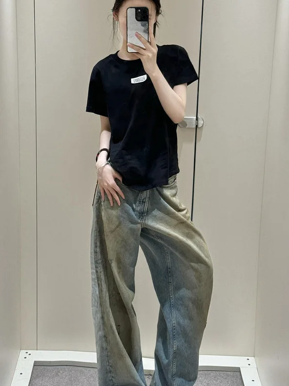 

Новые простые джинсы из кожи с заклепками, повседневные, свободного прямого кроя, с эффектом потертости, молодежные