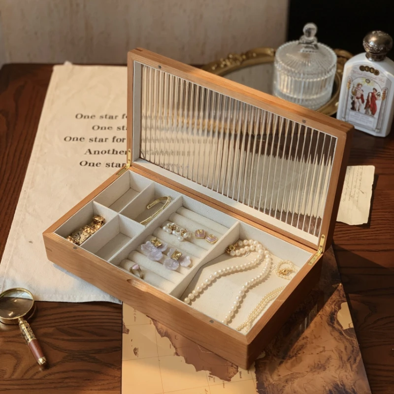 

Шкатулка для драгоценностей из цельного дерева, ретро стеклянные коробки для хранения колец, женская коллекция, ожерелья, браслет, витрина, витрина для ювелирных изделий, подарок