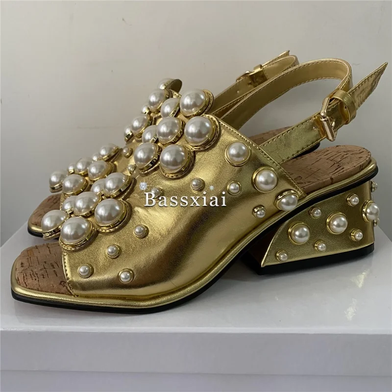 Luxury Beads Pearl Embellishment Sandals Women Genuine Leather Unique Fretwork Heel Party Shoes Summer
