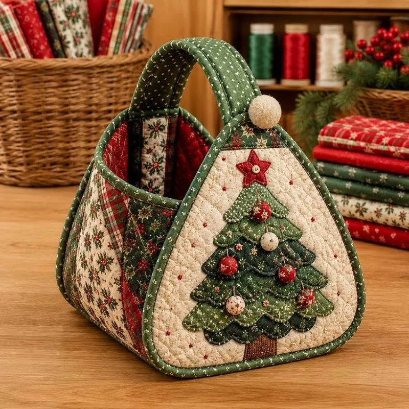 Christmas Santa Fabric Gift Basket, Quilted Handheld Bag with Handle, Xmas Candy Cookie Tote for Holiday Gift Wrapping Decor
