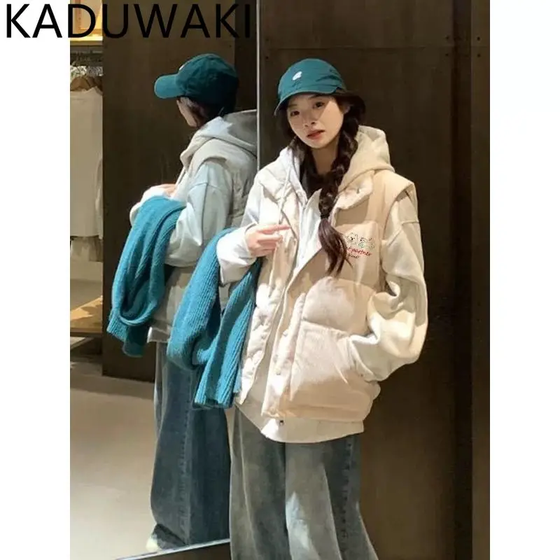 

Korean Chic Stand Collar Single Breasted Beige Down Vest Autumn Winter New Warm All-match Sleeveless Parkas Loose Casual Gilet