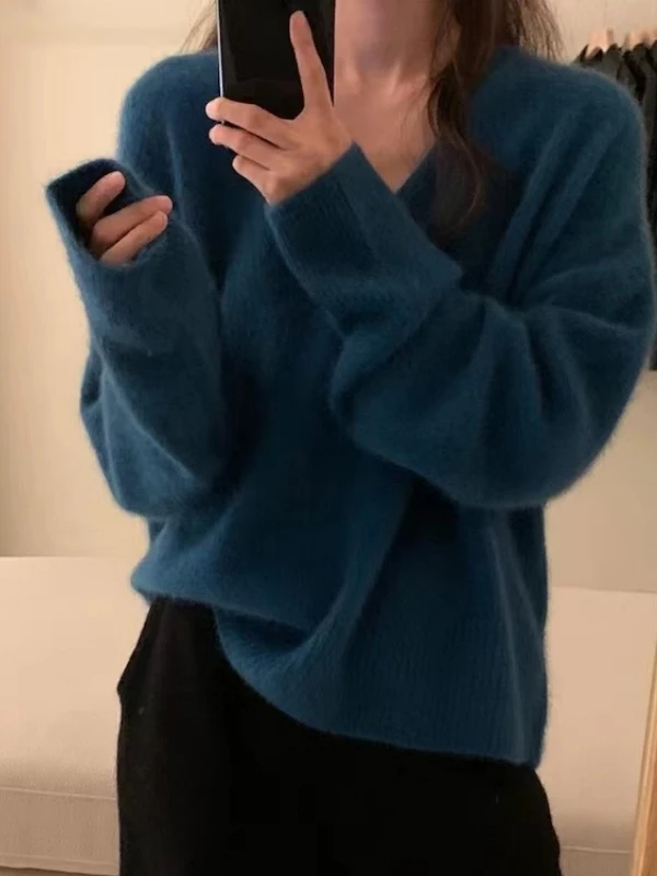 Ladies' Orange V-Ne Pullover Sweater Loose Comfortable Knitted Base Layer Top Soft Cozy Autumn Winter Inner Wear