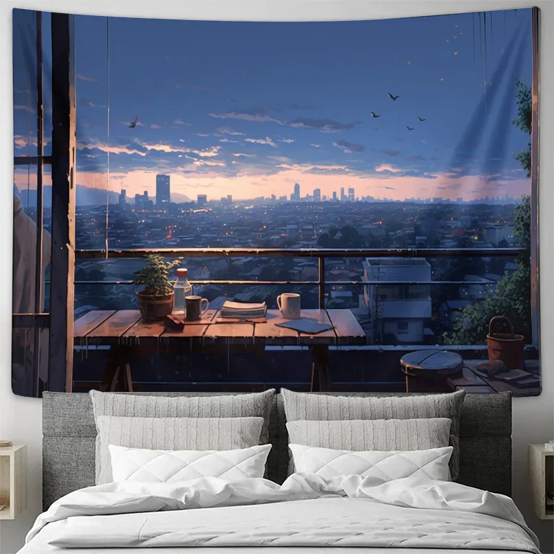 City Sunset Balcony View Wall Tapestry Machine Washable All Season Decor Art Print Urban Landscape Design Home Easy to clean