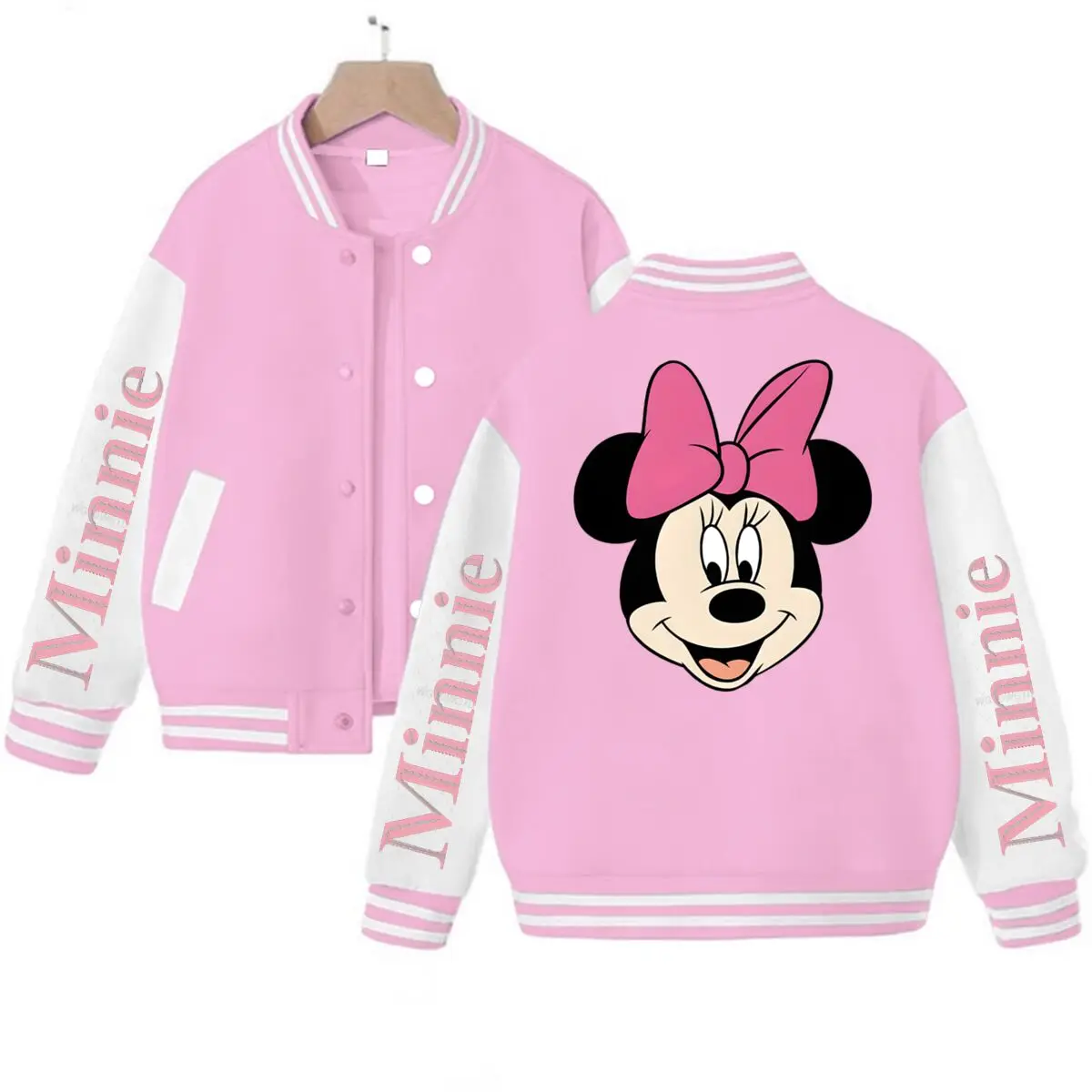 

Куртки и пальто с изображением Минни Маус, розовые классические модные уличные куртки с длинными рукавами, женская бейсбольная куртка с Минни Маус.