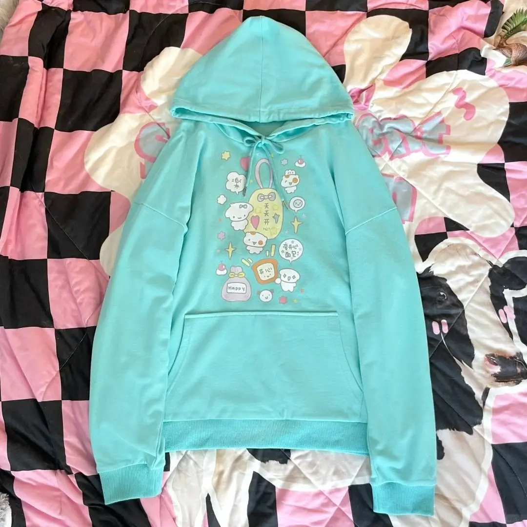 Japanese Mint Green Cute Cartoon Printed Hoodies Women Autumn Subculture Casual Loose Sweatshirt Preppy Style Teenage Kawaii Top