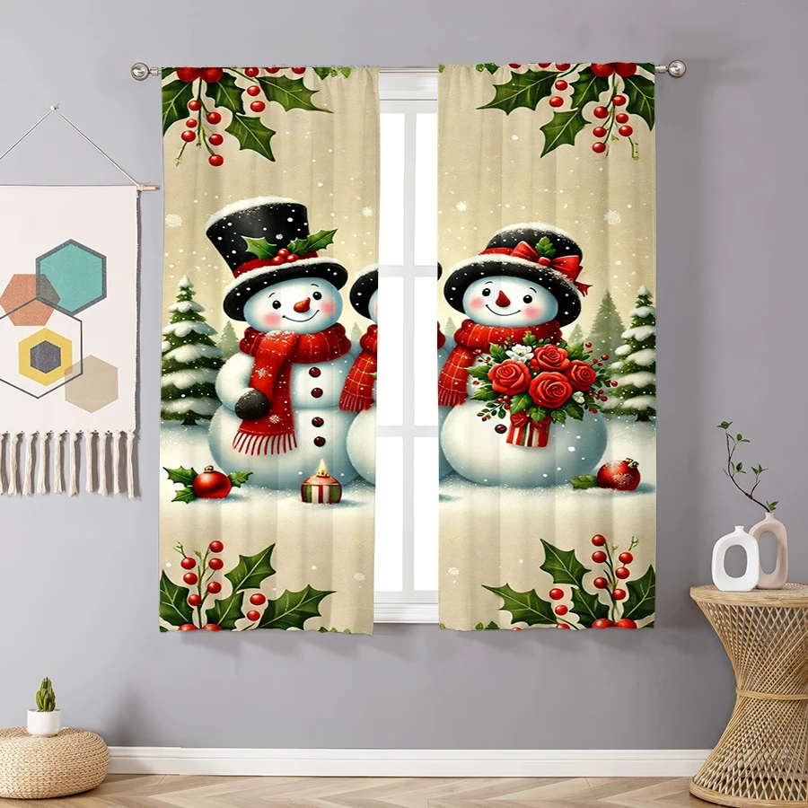 2PCS Digital Print Curtains, Couple Snowmen Top Hats Red Scarves Holly Berries Snowy Scene, Romantic Winter Illustration Style