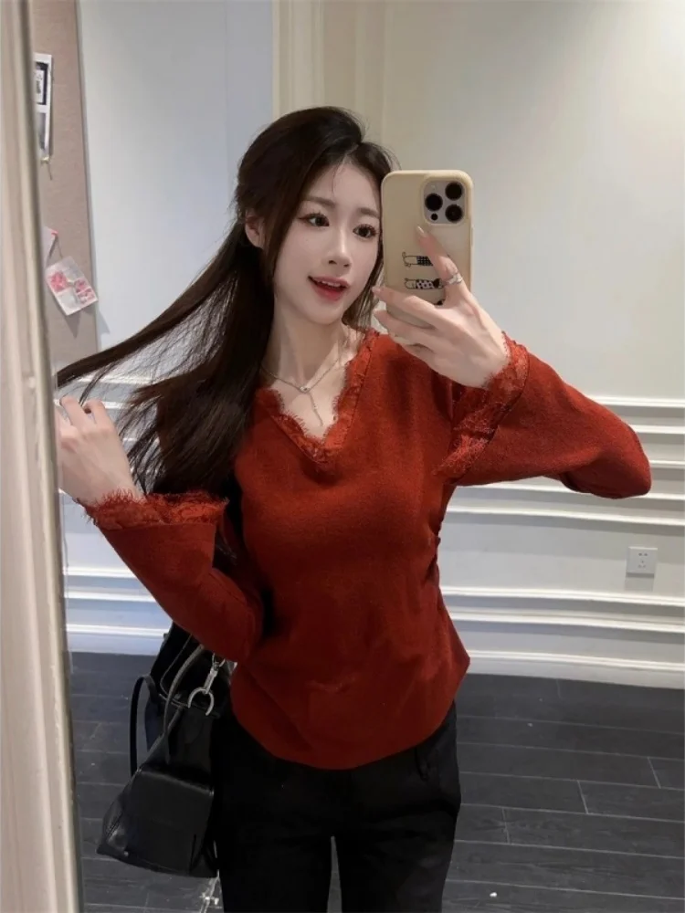 

Ele Lace Splice V-Ne Long Sve вязаный свитер женский Slim Fit Sle Base irt корейский Sle Winter Faion