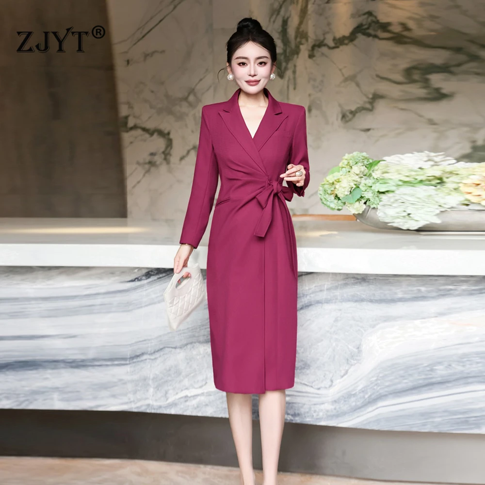 

ZJYT Elegant Ladies Notched Collar Long Sleeve Autumn Dresses for Women Lace Up Straight Office Work Wear Female Vestidos 2025