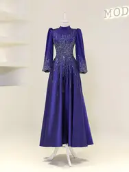 Funyue Royal Blue Long Sleeve Evening Dresses Women Elegant A-Line Satin Beaded Formal Prom Gown Abendkleider