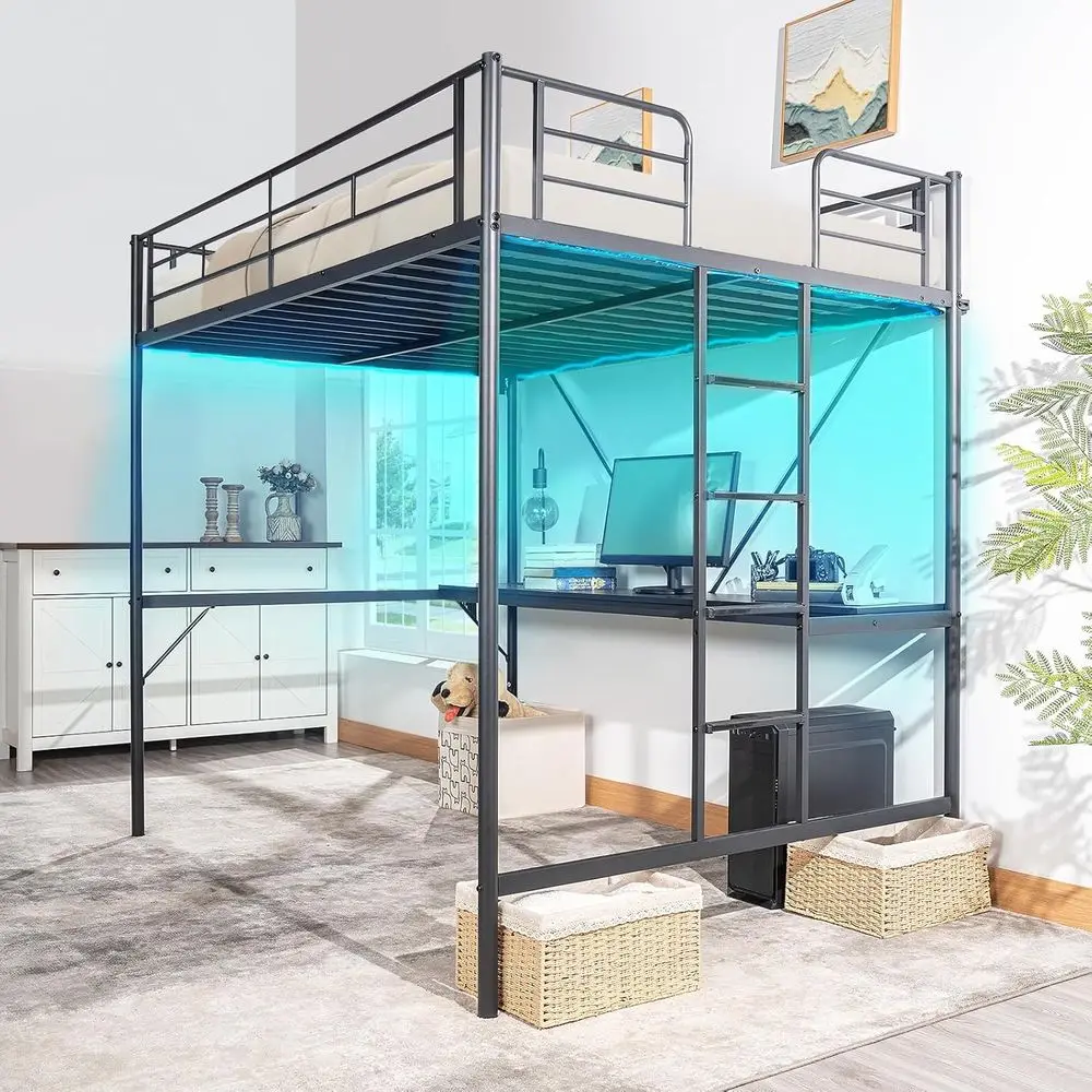 Full Size Metal Bunk Bed with Desk, Charging Stations, LED Lights, Safety Rail, Stairs, No Box Spring Needed, Black