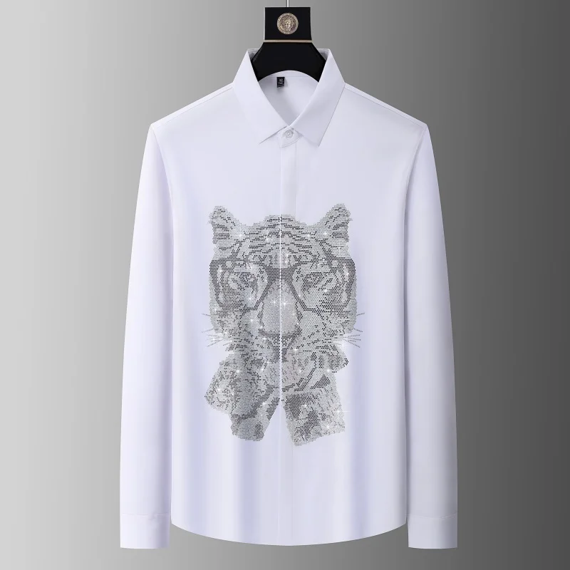 High-End Hotfit Rhinestone Shirts For Men Long Sleeve Easy Care Summer Quality Seamless Elastic Covered Button Camisas De Hombre
