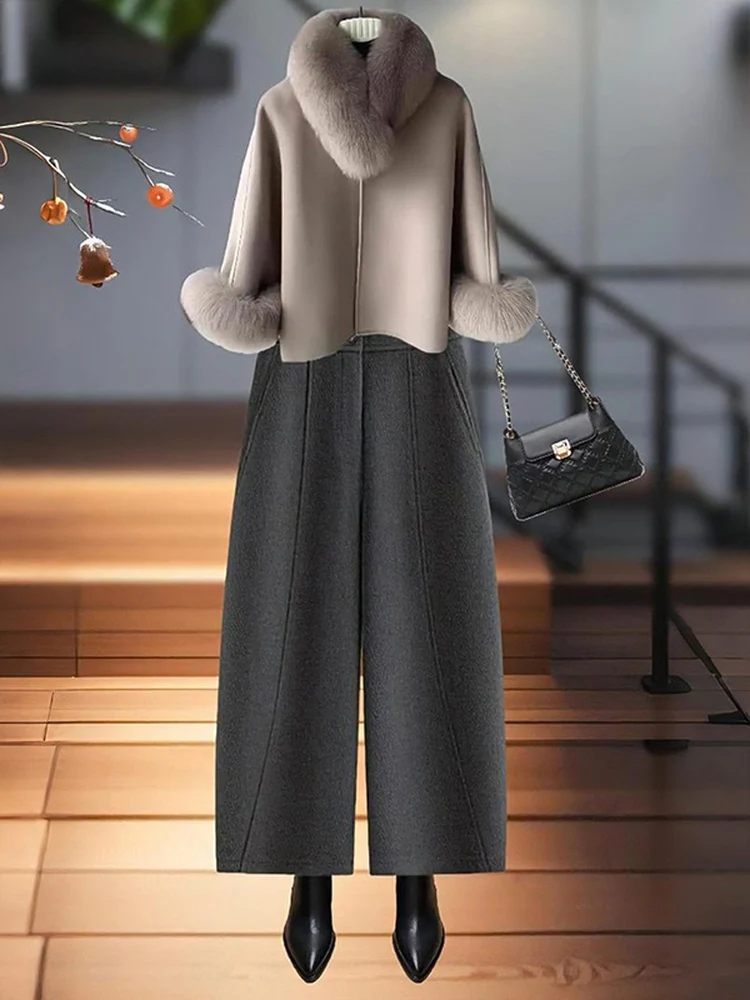 

Autumn Winter Thickened Warm Woolen Wide Leg Pants Women's plus Size Fleece Lined Slimming Nine Point Knife Trousers