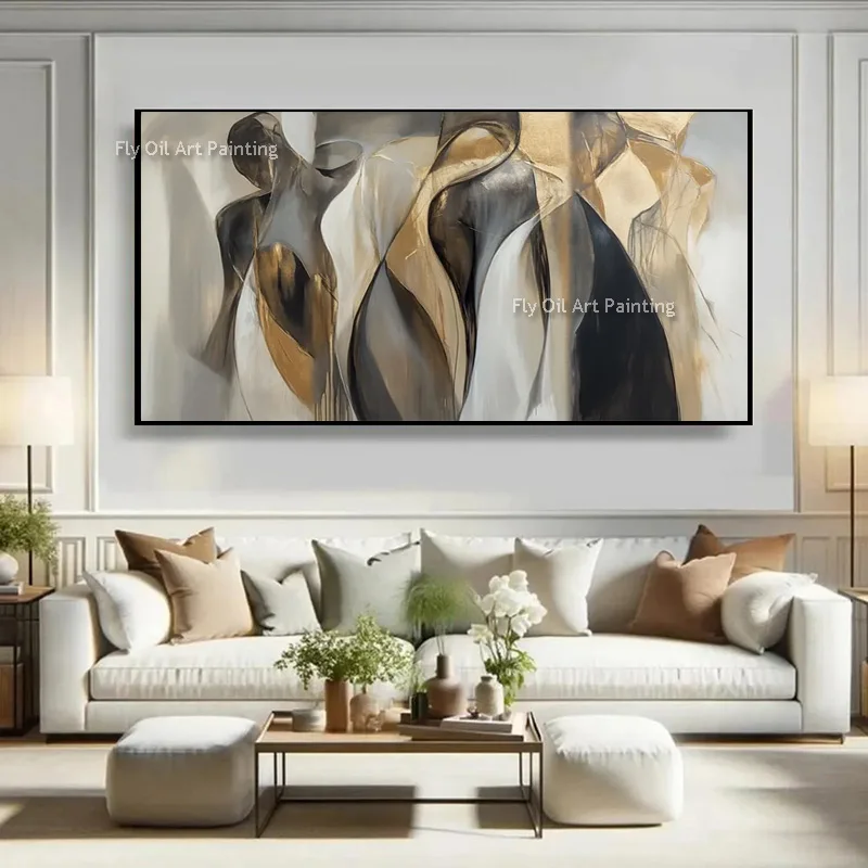 Hand Painted Purple And Blue People Shadows Oil Painting On Canvas Large Abstract Black Yellow Grey Wall Art Decor For Room