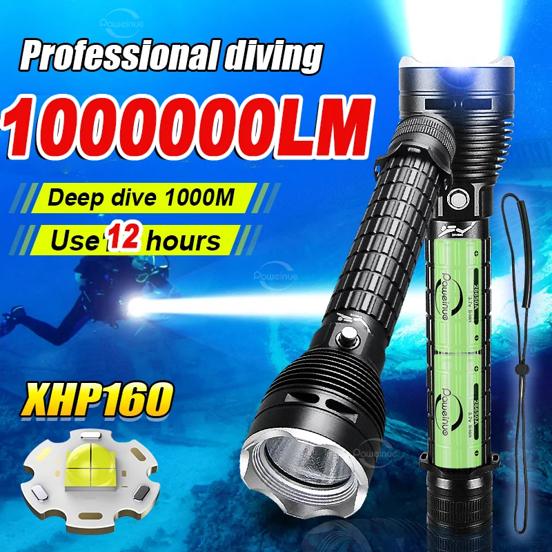 1000000LM Professional XHP160 Diving Flashlight IPX8 Waterproof Dive Light LED Flashlights Powerful Scuba Diving Torch Lantern