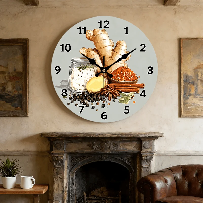 2D Fla 1 Wooden Wall Clock, 2D Fla 1 Wooden Wall Clock, 2D Flat. Pack of 1, Wooden Wall Clock: Natural Spice Decoration, Simple Kitchen Silent Round Wall Clock, Perfect Decoration for Bedroom, Living Room, Office, Kitchen, and Bathroom, 30.48 cm
