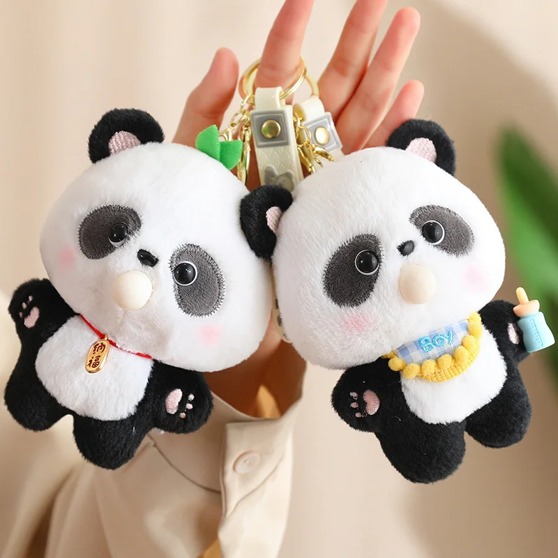 14cm Cute Panda Doll Plush Pendant Bib Bow Black And White Panda Bamboo Leaf Panda Plush Schoolbag Crossbody Bag Purse Pendant