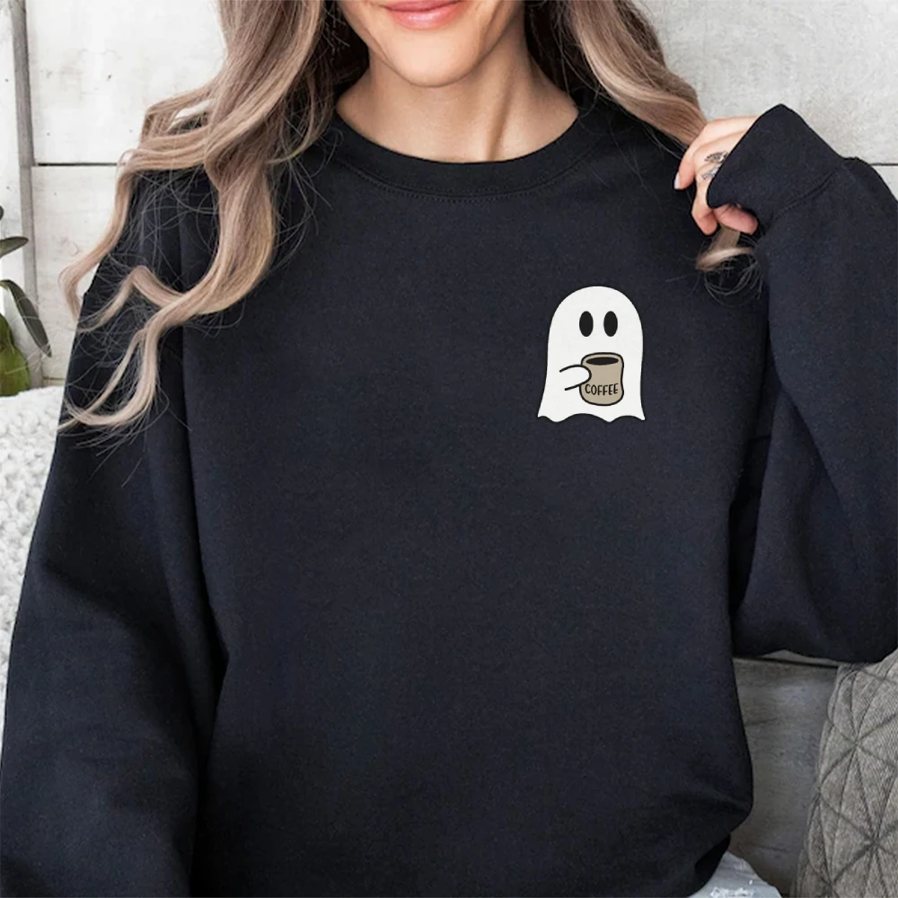 

Pocket Cute Spooky Coffee Women’s Halloween Ghost Sweatshirt Spooky Season Fall Coffee Lover Graphic Shirt Party Long Sleeve Top