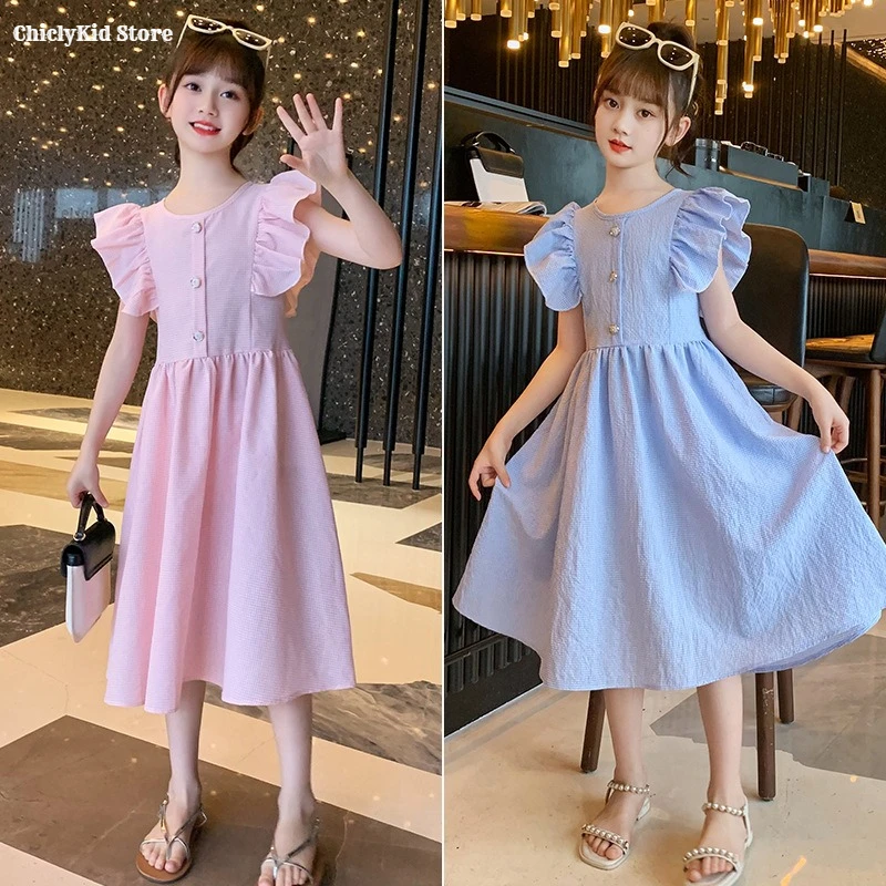 Girls Summer Cottagecore Sleeveless Solid Dress Children Cotton Tutu Maxi Dress Kids Fashion Jumper Skirt 2-Colors 4-13 Years