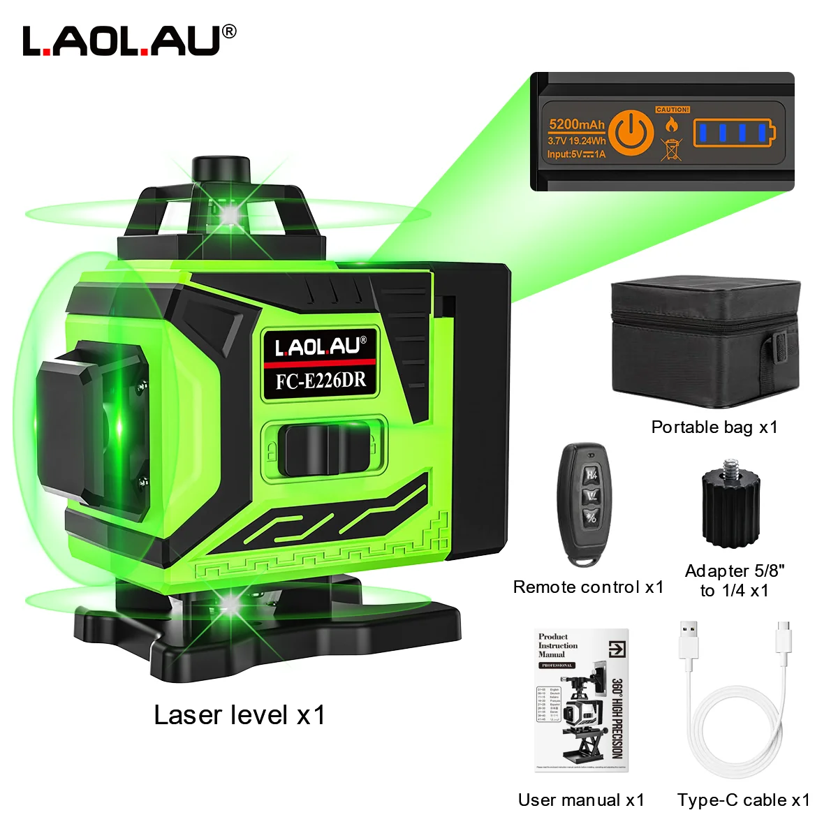 

LAOLAU FC-E226DR 4D лазерный уровень 16 линий 360 самовыравнивающийся пульт дистанционного управления 5200 мАч аккумулятор Type-C перезаряжаемая уличная сумка для инструментов